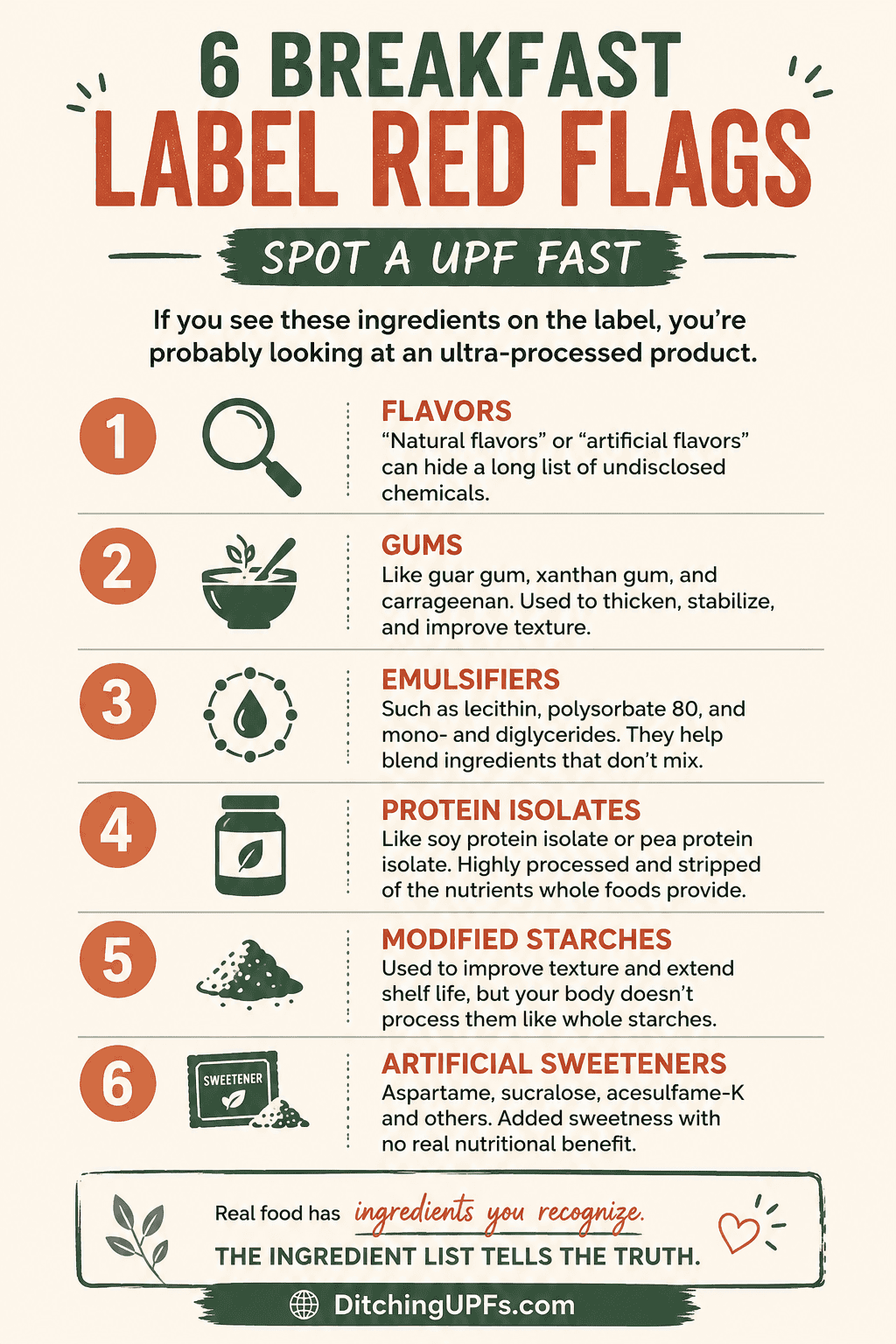 Infographic titled “6 Breakfast Label Red Flags” on a cream background with terracotta and dark green text. The graphic lists six common ultra-processed food ingredients to watch for on breakfast labels: flavors, gums, emulsifiers, protein isolates, modified starches, and artificial sweeteners.