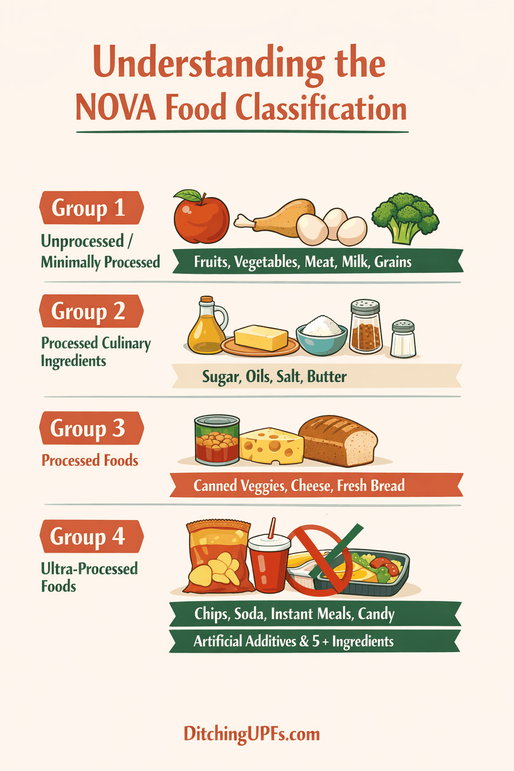 NOVA food classification infographic showing four groups, from whole foods to ultra-processed foods, with examples of each category.