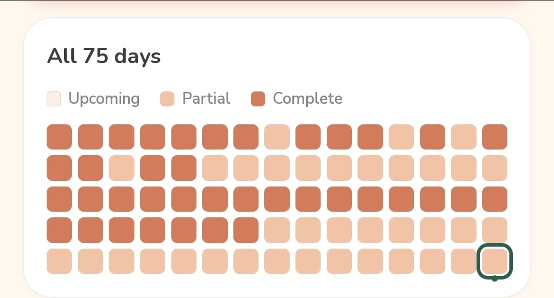 75 Soft challenge tracker showing 75 days with completed and partial days across the challenge.