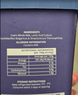 Tub of plain Greek Yogurt Ingredients