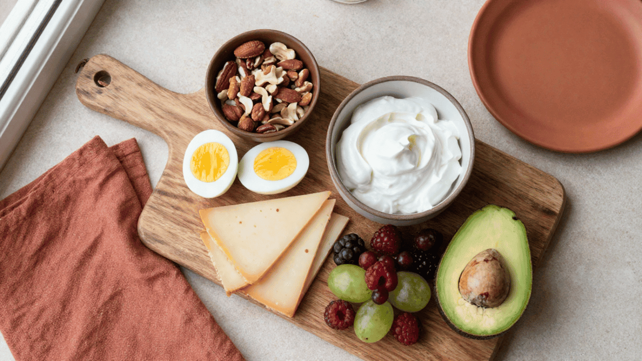 Flat lay of whole food snacks on a wooden cutting board, including eggs, yogurt with berries, nuts, cheese, apple slices, avocado, dates, and peanut butter in natural light.