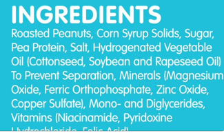 Long ingredient list on peanut butter including corn syrup, hydrogenated oils, and additives